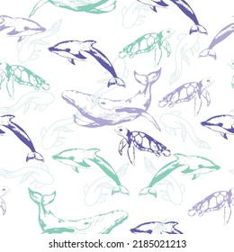 Endless design. Colored flat cartoon vector illustration  Cute marine underwater fauna with narwhal, whale and dolphin. 