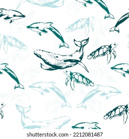 Endless design. Colored flat cartoon vector illustration  Cute marine underwater fauna with narwhal, whale and dolphin. 