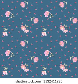Endless ditsy floral pattern with gentle pink roses and red tiny tulips isolated on blue background in vector. Fashionable print for fabric.