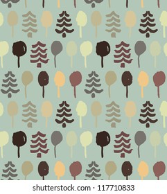 Endless drawn pattern with trees. Painting abstract nature tracery. Spruces. Beige texture for clothes, wallpapers, web pages background