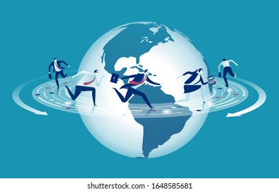 Endless effort. Business persons running around globe to achieve a goal. Business vector illustration