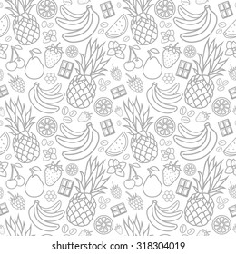 Endless exotic fruit background. Gray print on white background. Vector pineapple, strawberry, banana, cherry, orange, pear. Tasty background. Flat style. Paper gift wrapping
