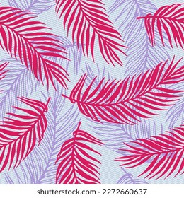 Endless exotic palm leaves vector pattern. Floral elements over waves texture backdrop. Vintage palm tree leaves illustration. Big leaves summer pattern. Travel poster background.