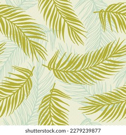 Endless exotic palm leaves vector pattern. Floral elements over waves texture backdrop. Organic palm tree branches wallpaper. Big leaves summer pattern. Rainforest background.