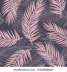 Patrón vectorial interminable de hojas exóticas de palma. Diseño botánico sobre fondo de textura de olas. Impresión de ramas chic de palmeras. Diseño de hojas grandes en verano. Follaje subtropical.