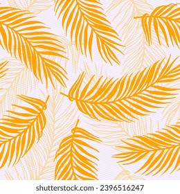 Endless exotic palm leaves vector pattern. Floral design over waves texture background. Elegant palm tree leaves wallpaper. Big leaves closeup pattern. Royal palm fabric print.