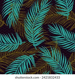 Endless exotic palm leaves vector pattern. Floral elements over waves texture backdrop. Organic palm tree leaves print. Herbarium leaves nature pattern. Subtropical foliage.