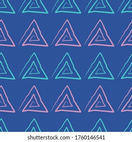 Tejidos infinitos de líneas de arte en forma de triángulo abstracto sobre fondo azul profundo para papel pintado, embalaje y textil. Patrón geométrico contemporáneo sin soldadura para mosaico.