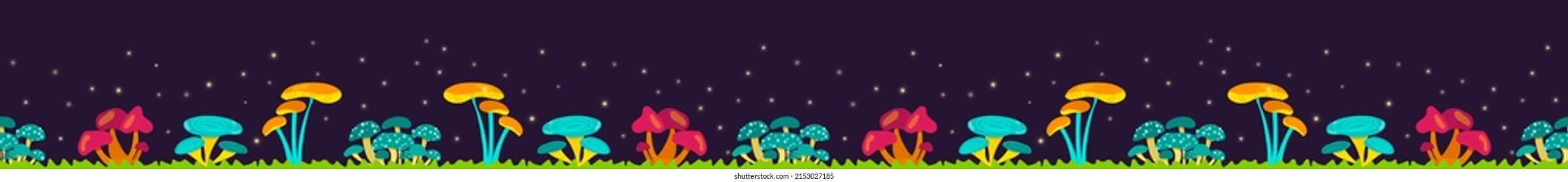 Endless Fantasy Mushroom Border. Glowing Mushrooms On A Dark Background. Fairy Or Alien Forest.