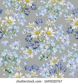 Endless field with daisies, forget-me-nots and cornflowers. Light gray background. Colorful stylish floral. Template for the design of print, fabric, wallpaper and box.