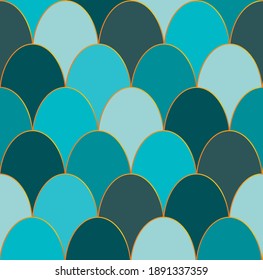 Endless fish scales pattern turquoise and gold. Perfect for fabric, printing, background. Ocean texture. Abstract geometric background 