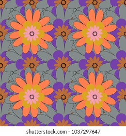 Endless floral abstract seamless pattern. Background texture in orange, violet and gray colors. Vector illustration.