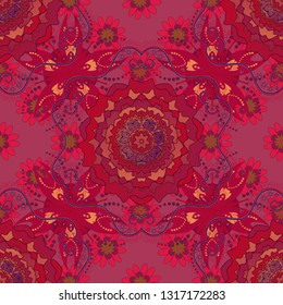Endless floral abstract seamless pattern. Vector illustration. Background texture in purple, red and brown colors.