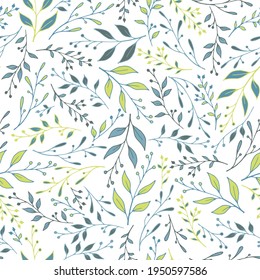 Endless floral background with branches and berries, twigs with leaves. Perfect floral ornament for printing on fabric or paper. Berries twigs branches leaves floral seanless pattern in blue and green