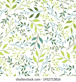 Interminable fondo floral con ramas y bayas, ramas con hojas. Perfecto adorno floral para imprimir en tela o papel. Las ramas de las ramas de las bayas dejan un patrón floral sin foco en colores verdes