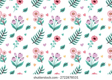 Endloser floraler Hintergrund mit hellen Mohnblumen und verschiedenen Frühlingspflanzen. Schöne wiederkehrende Textur für Textildesign, Einwickelpapier oder Naturmottetapete