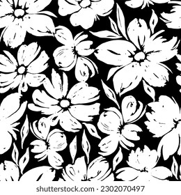 Endless floral monochrome background on black background. Seamless Repeat Pattern. Artistic vector pattern for textiles, packaging, paper, wallpaper.