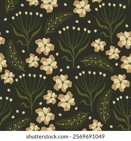 Endless floral pattern on a green background. Cute calm fabric print with forest flowers and twigs. Hand drawn Botanical texture