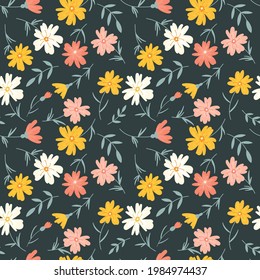 Endless floral pattern with simple multicolored flowers on a dark green background.