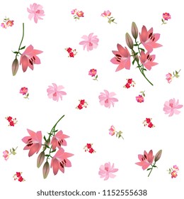 Endless floral print for fabric with large pink lilies, gentle cosmos flowers and small roses isolated on white background in vector.