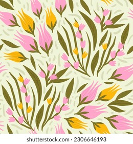 endless flower flow. pink tulips and cute flowers with leaves on a seamless background. hand drawn colored buds. vegetable pattern.