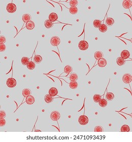 Endless flower pattern of sparse imaginary red dandelions and seeds on gray field. Simplistic delicate hand drawn botanical print.