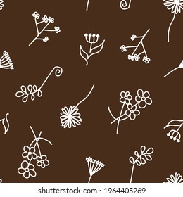 Endless flower pattern in white lineart with brown background