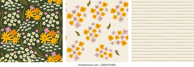 endless flowering meadow. summer background with flowers. a selection of endless patterns for fabric and wallpaper. marigolds, white flowers and leaves.