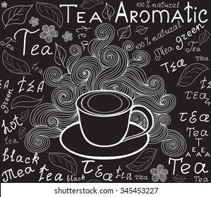 Endless food and drink texture with tea cup, tea leaves and words "tea", handwritten by chalk on grey board, vector