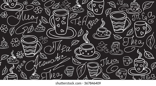 Endless food and drink texture with tea cups, teapots, tea leaves and handwritten words "tea", handwritten by chalk on grey board, vector