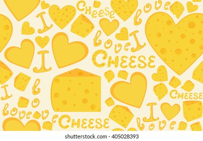 Endless food and drink vector texture with cheese slices and hearts and handwritten words "Cheese". You can use any color of background