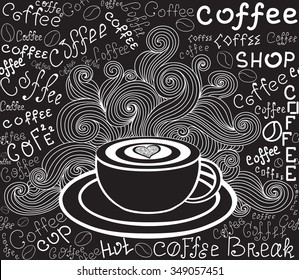 Textura vectorial de comida sin fin con taza de café, rizos y palabras "Café" escrito a mano por tiza en pizarra gris. Patrón transparente del vector de los alimentos y las bebidas