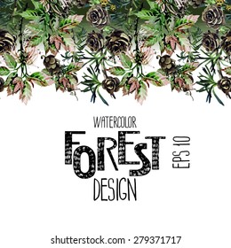Endless forest design. Insects among larch cones and foliage. Vector frame