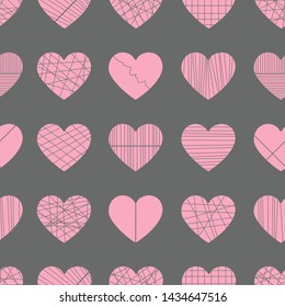 Endless geometric background. Seamless pattern with textured hearts. Endless background with hearts from chaotic lines.