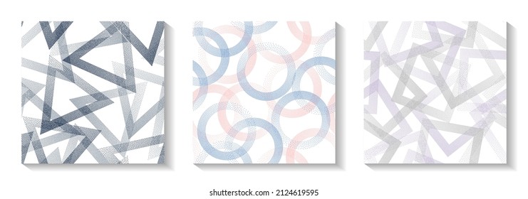 Endless geometric patterns set with shapes of dots. Circle rings with dots texture, square of points, halftone pixels triangles backgrounds funky vector collection. Wallpaper prints.