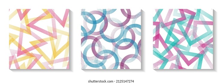 Endless geometric patterns set with shapes of dots. Circles with dots texture, square rhombus of points, halftone pixels triangles backgrounds retro vector collection. Wallpaper ornaments.