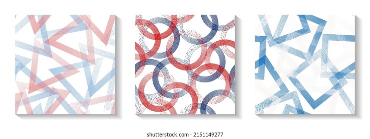 Endless geometric patterns set with shapes of dots. Circle rings with dots texture, rhombus of points, halftone pixels triangles backgrounds decorative vector collection. Fabric prints.