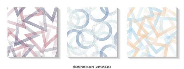 Endless geometric patterns set with shapes of dots. Circle rings with dots texture, square of points, halftone pixels triangles backgrounds cute vector collection. Wrapping paper prints.