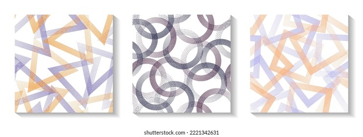 Endless geometric patterns set with shapes of dots. Circles with dots texture, square rhombus of points, halftone pixels triangles backgrounds simple vector collection. Distortion ornaments.