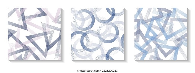 Endless geometric patterns set with shapes of dots. Circles with dots texture, square rhombus of points, halftone pixels triangles backgrounds hipster vector collection. Wallpaper ornaments.