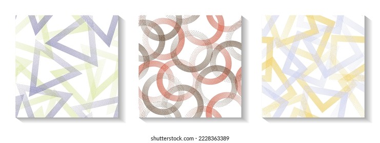 Endless geometric patterns set with shapes of dots. Circles with dots texture, square rhombus of points, halftone pixels triangles backgrounds dynamic vector collection. Wallpaper prints.