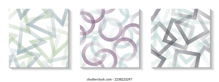 Endless geometric patterns set with shapes of dots. Circle rings with dots texture, square of points, halftone pixels triangles backgrounds cute vector collection. Fashion ornaments.