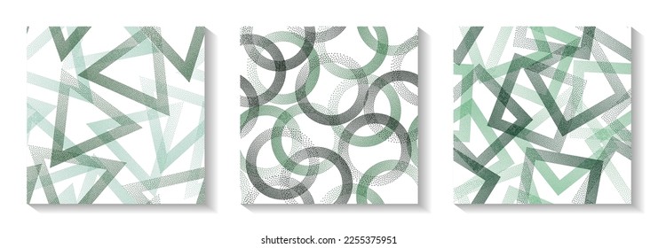 Endless geometric patterns set with shapes of dots. Rings with dots texture, square of points, halftone pixels triangles backgrounds grunge vector collection. Fabric prints.