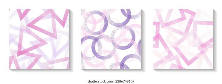 Endless geometric patterns set with shapes of dots. Circle rings with dots texture, rhombus of points, halftone pixels triangles backgrounds decorative vector collection. Wallpaper ornaments.