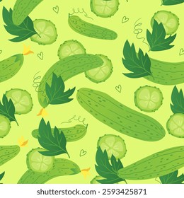 endless green pattern with ripe cucumbers. vegetable print with an eco-friendly mood. summer vegetables