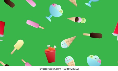Endless green seamless pattern of delicious food and snack items icons set for restaurant bar cafe: ice cream, chicken, soda. The background