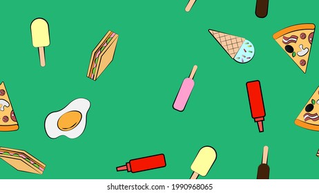 Endless green seamless pattern of delicious food and snack items icons set for restaurant bar cafe: ice cream, pizza, egg, ketchup, sandwich. The background