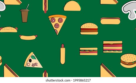 Endless green seamless pattern of delicious food and snack items icons set for restaurant bar cafe: burger, hotdog, sandwich, pizza, burrito, drink. The background