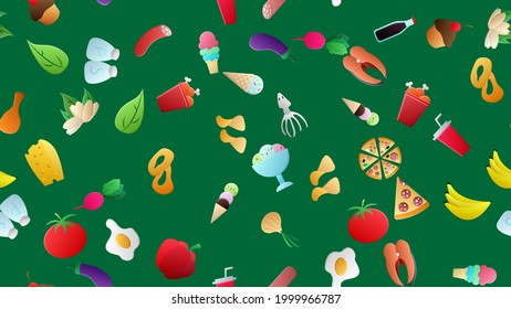 Endless green seamless pattern of delicious food and snack items icons set for restaurant bar cafe: pizza, nuts, fish, chicken, sausage, soda, pepper, tomato, fruits, vegetables. The background