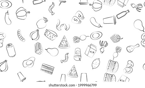 Endless green seamless pattern of delicious food and snack items icons set for restaurant bar cafe: sandwich, cheese, lemonade, popcorn, garlic, eggplant, chicken, fruits, vegetables. The background